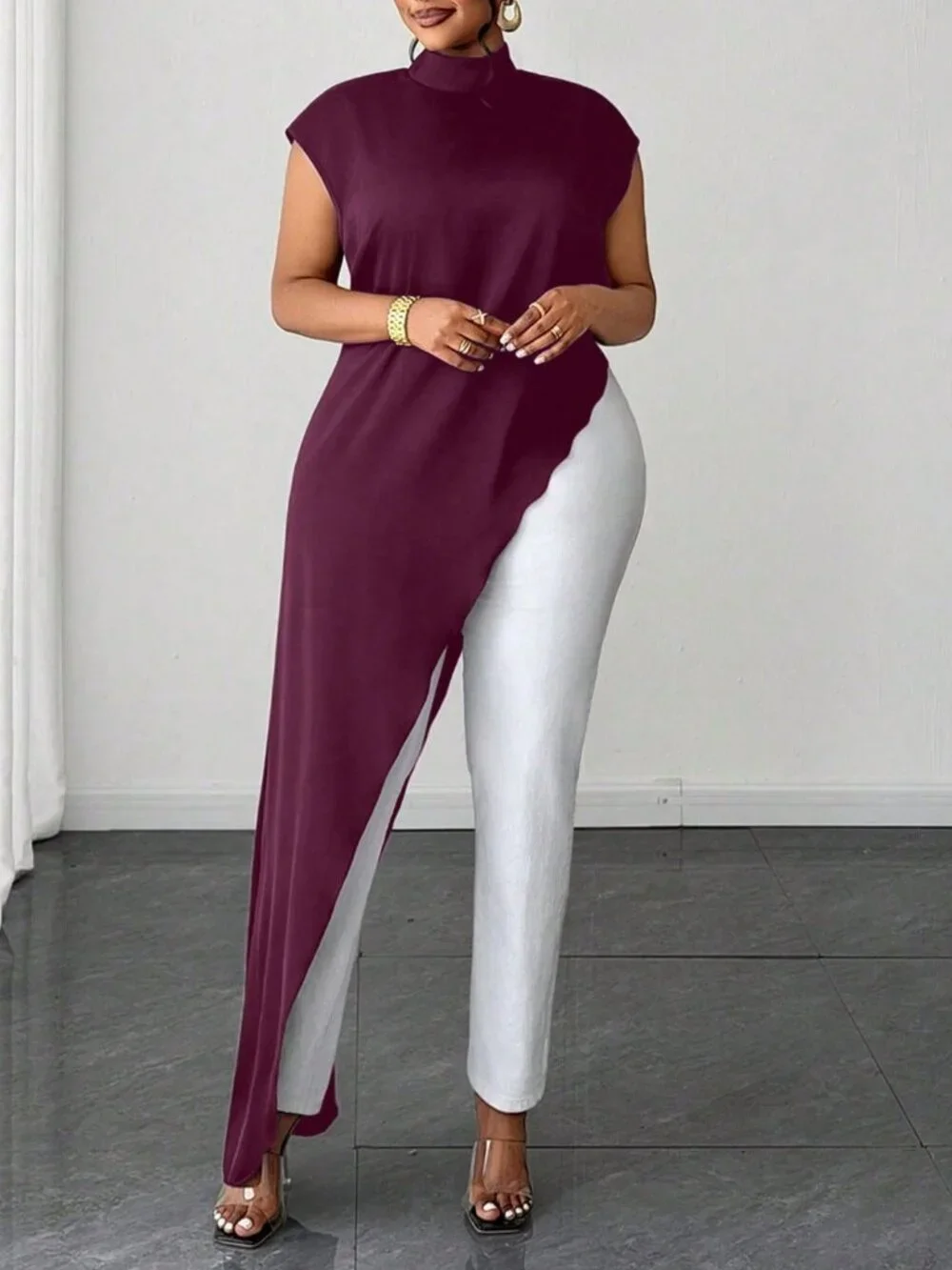 Red Violet Casual Women's Plus Size Stand Collar Asymmetrical Hem Long Shirt